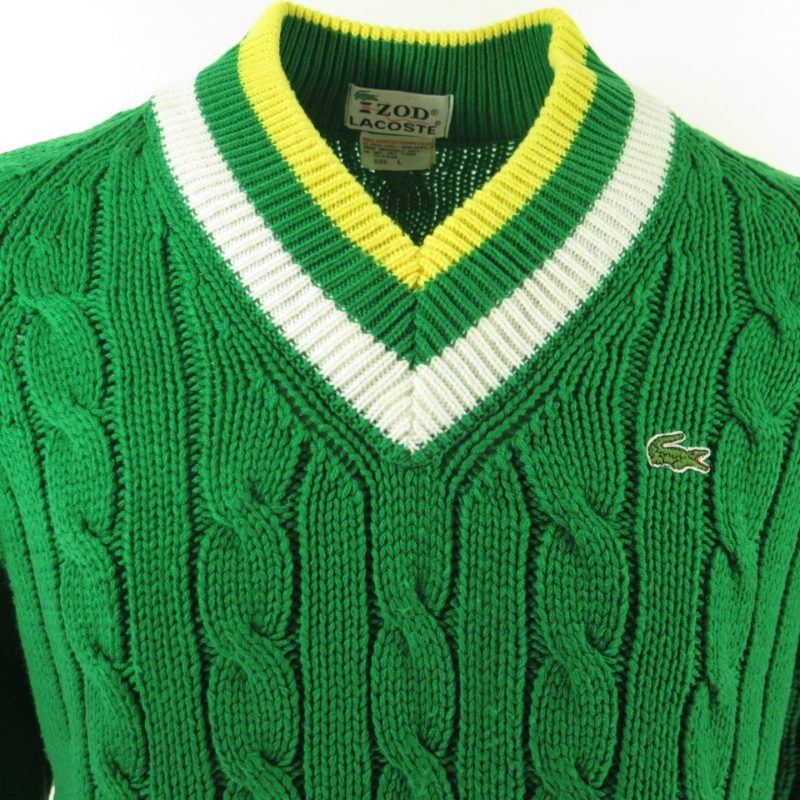 Vintage 80s Lacoste Tennis Sweater Mens L Green Stripes Cable Knit