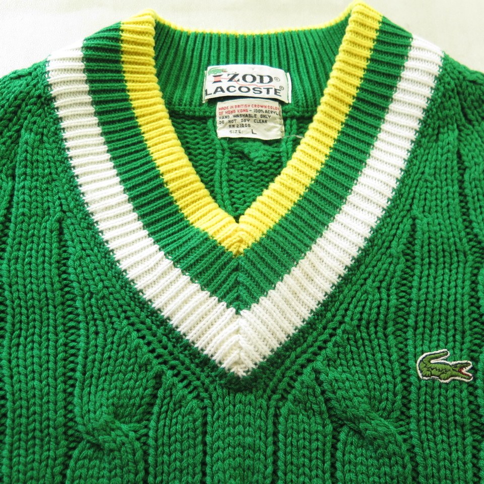 Vintage 80s Lacoste Tennis Sweater L Green Stripes Cable Knit | The Clothing Vault