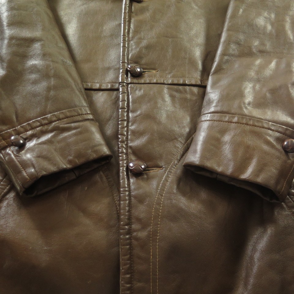 Vintage 60s Lakeland Leather Coat Mens 38 or Medium Knot Buttons fleece ...