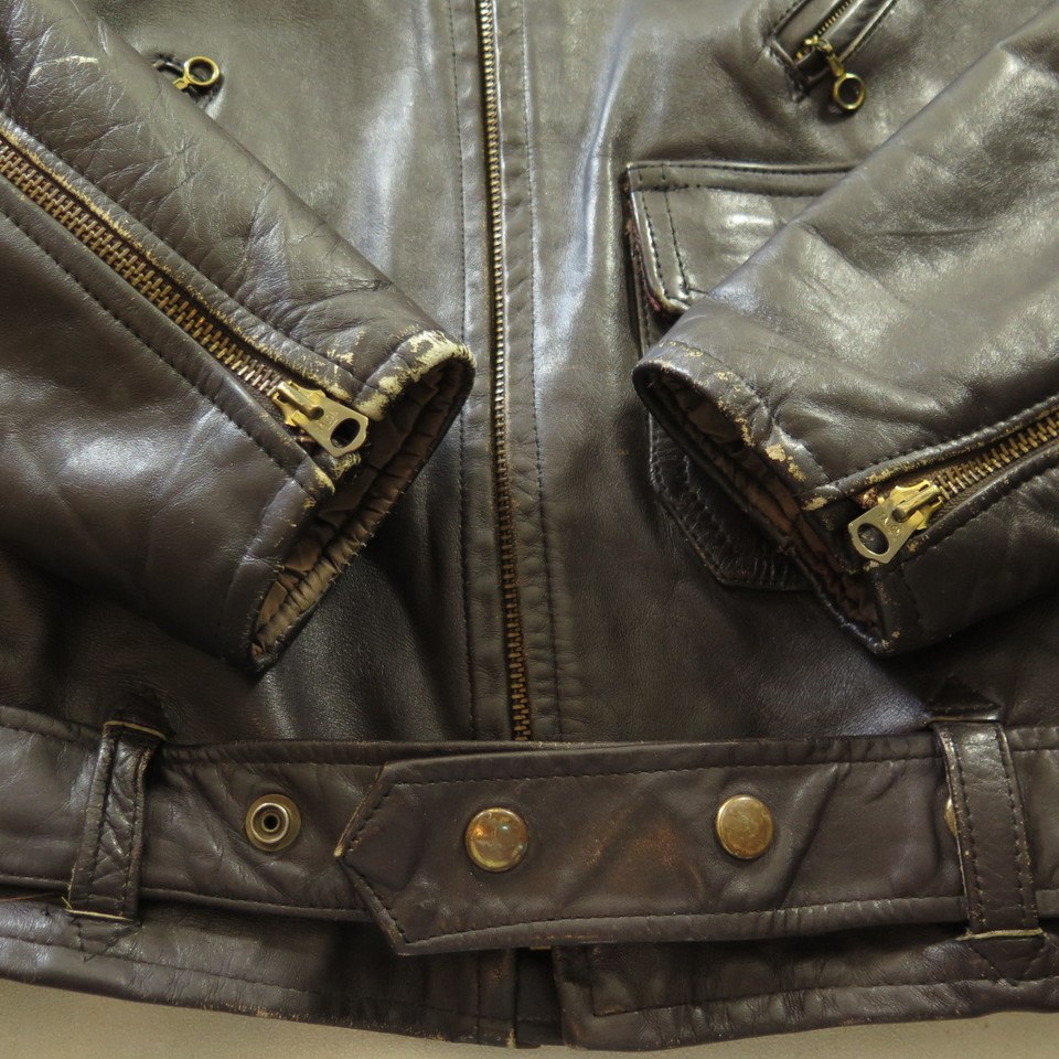 Vintage 50s Motorcycle Biker Leather Jacket Mens 46 Brown