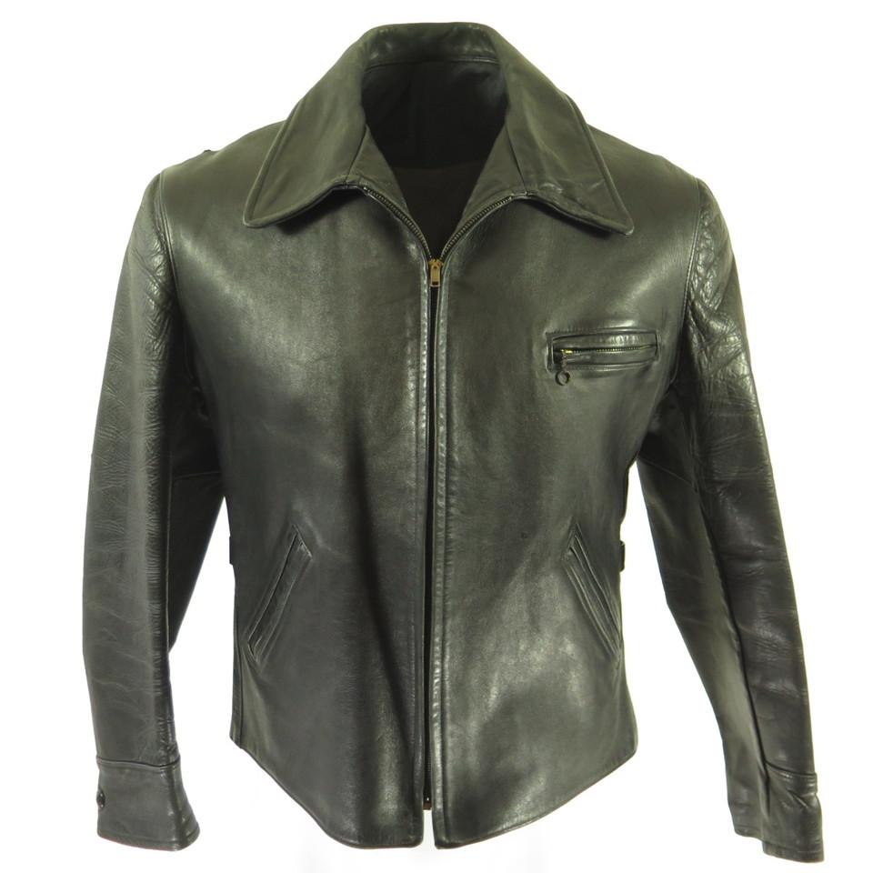 Vintage 50s Biker Leather Jacket Mens 38 Motorcycle Black Conmar Zip ...