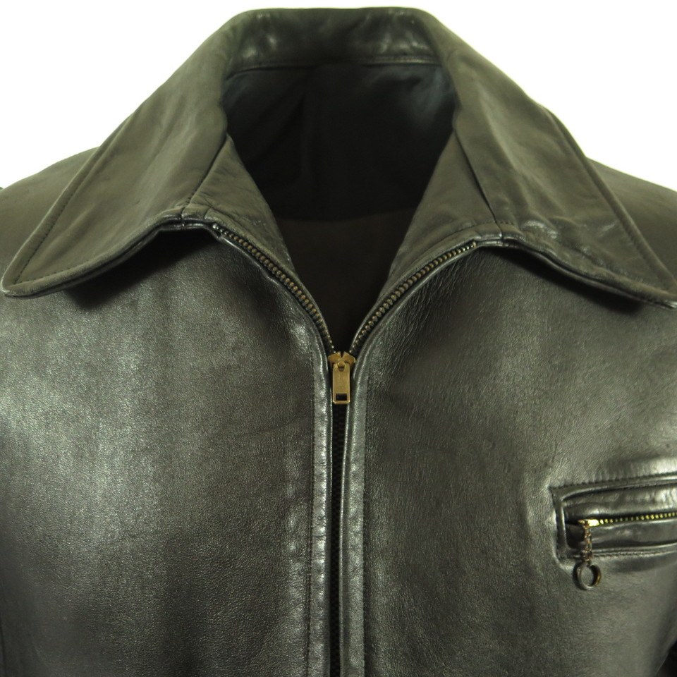 Vintage 50s Biker Leather Jacket Mens 38 Motorcycle Black Conmar Zip ...