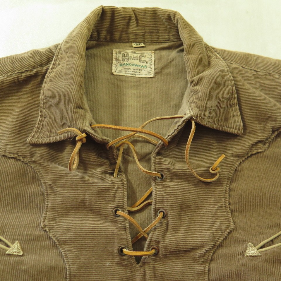 Vintage 60s Western Shirt Mens M Corduroy Brown H BAR C Ranchwear