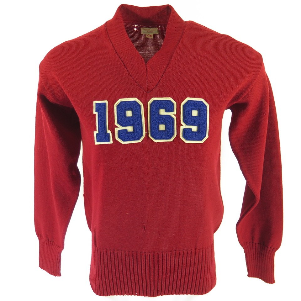 Vintage 60s Varsity Letterman Sweater Mens 46 Sand Knit Red Wool Chenille