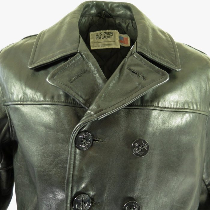 Vintage 80s Schott 740N Leather Pea Jacket Mens 42 Navy Double Breasted ...
