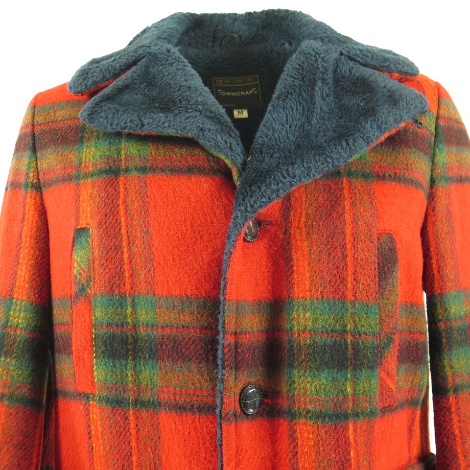 Vintage 60s Western Plaid Coat Men M Towncraft Wool Big Collar Faux Fur ...