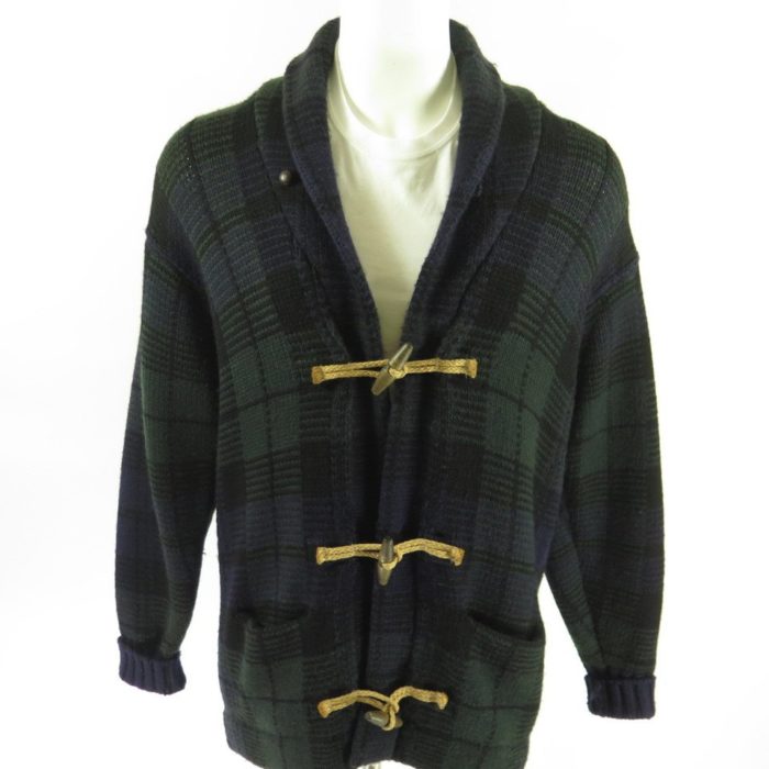 Polo Ralph Lauren Cardigan Sweater Mens L Plaid Wool Wooden Toggles Blue |  The Clothing Vault
