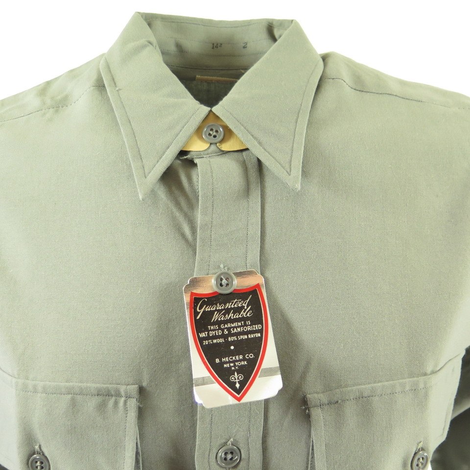 Vintage 50s Gabardine Shirt Sanforized Medium Deadstock Gray Wool