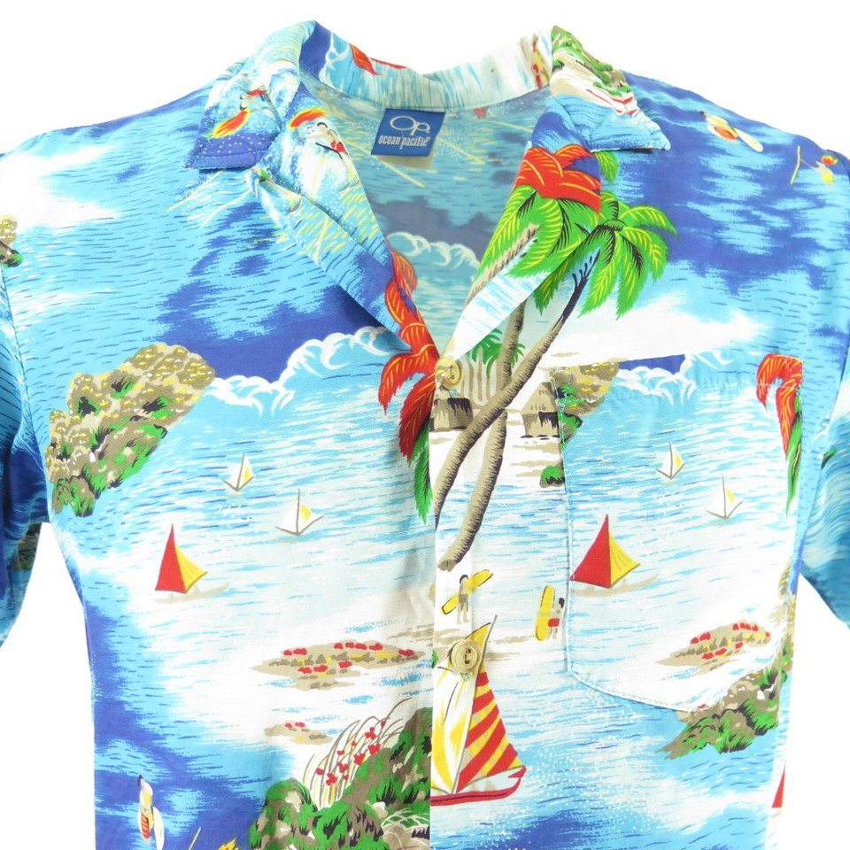 Vintage 80s Ocean Pacific Hawaiian Shirt Mens S Island Beach