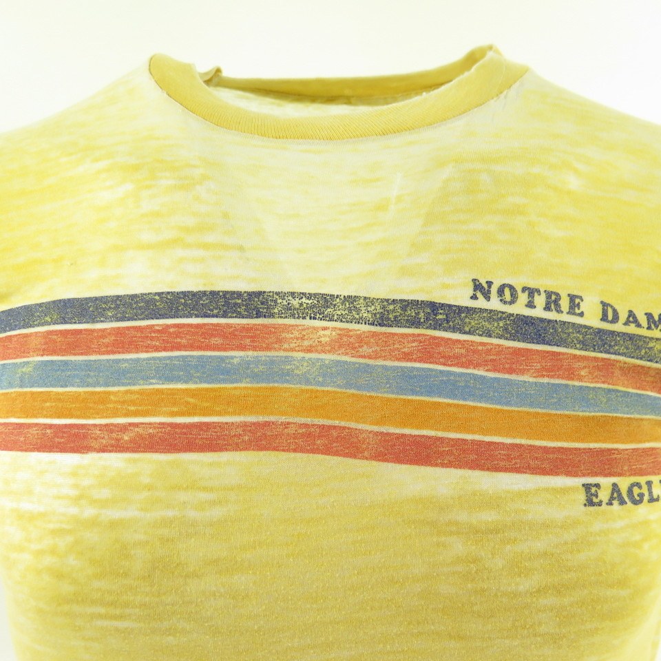 Vintage 80s Notre Dame Eagles T-Shirt Small Soft Thin Yellow Stripes  Striped