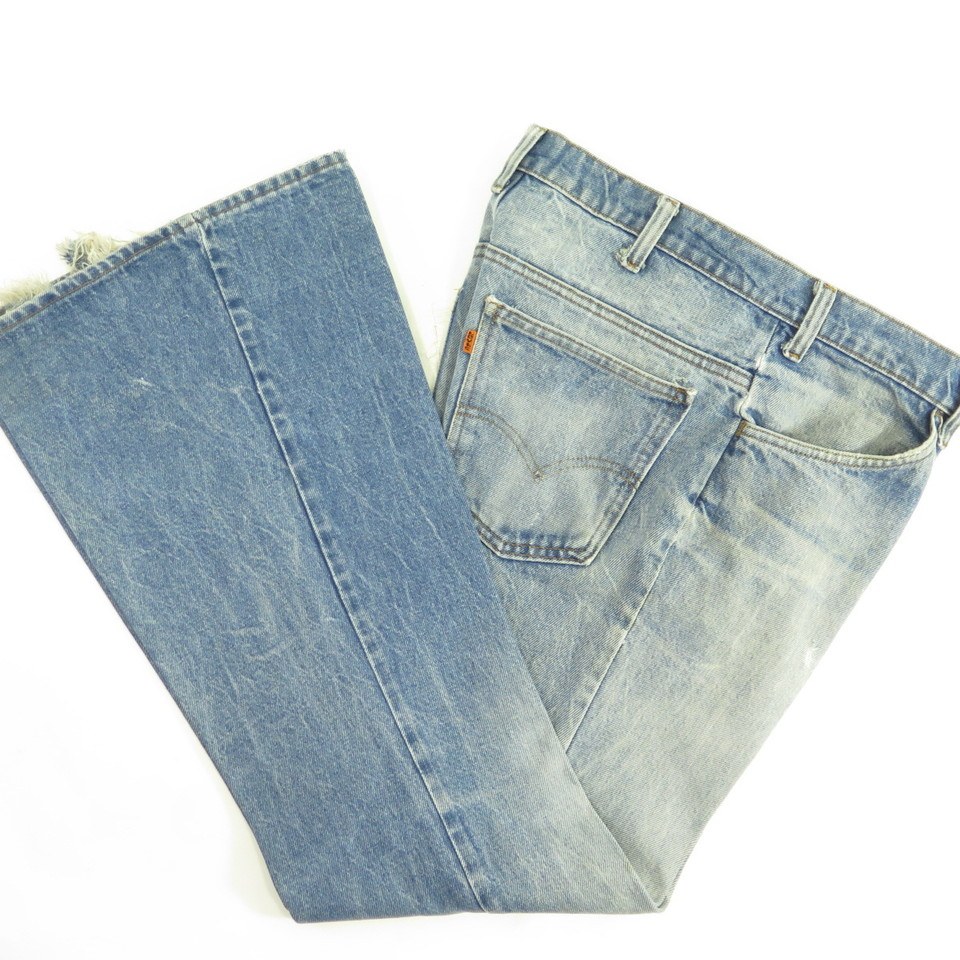 Vintage 70s Levis Bell Bottom Jeans Mens 34 x 33 Denim Flared Orange Tab |  The Clothing Vault