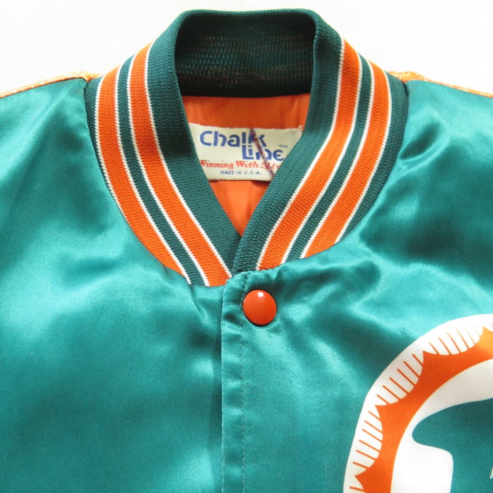 Vintage 80s Miami Dolphins Satin Jacket L All Print NFL Football Chalk Line  | The Clothing Vault