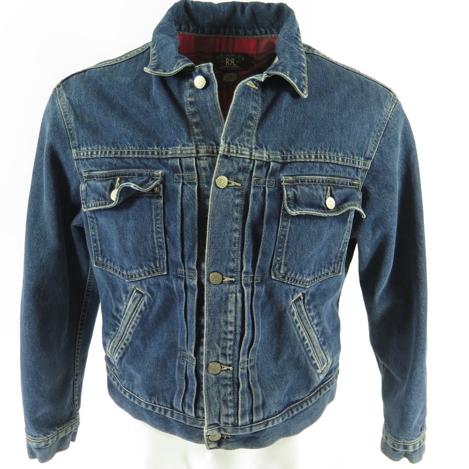 Vintage 90s Double RRL Ralph Lauren Denim Jacket L Mens USA Plaid Liner ...