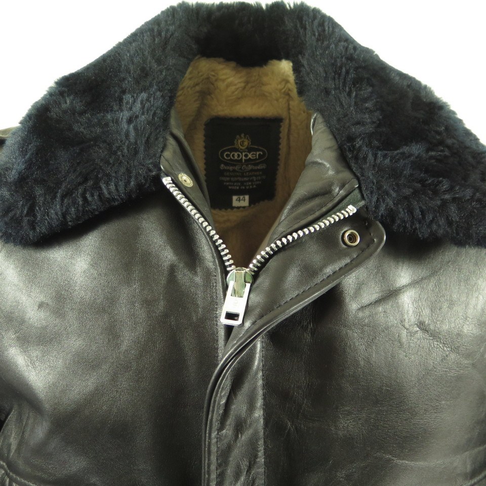 Vintage 60s Bomber Leather Jacket Mens 44 Flight Cooper Fleece Black ...