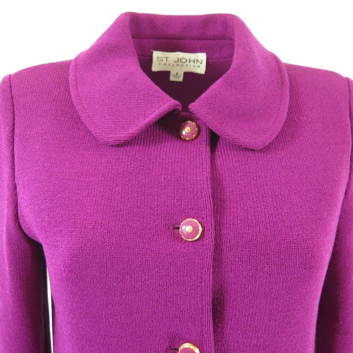 Vintage St John Santana Knit Coat Jacket Womens 4 Purple USA Made Gold  Buttons