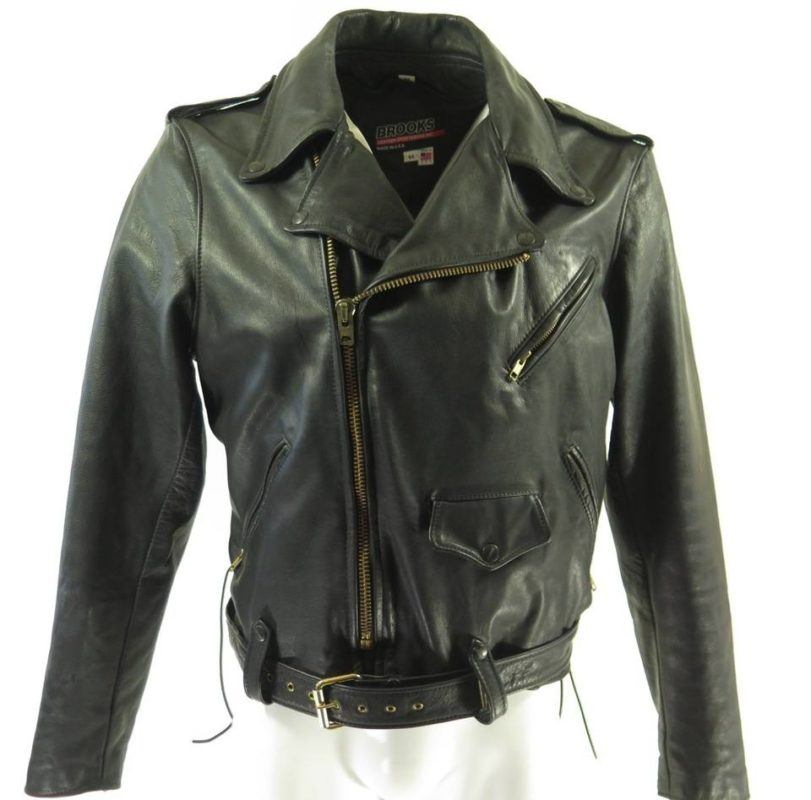 Vintage 80s Brooks Motorcycle Biker Leather Jacket Mens 44 W Belt Black ...