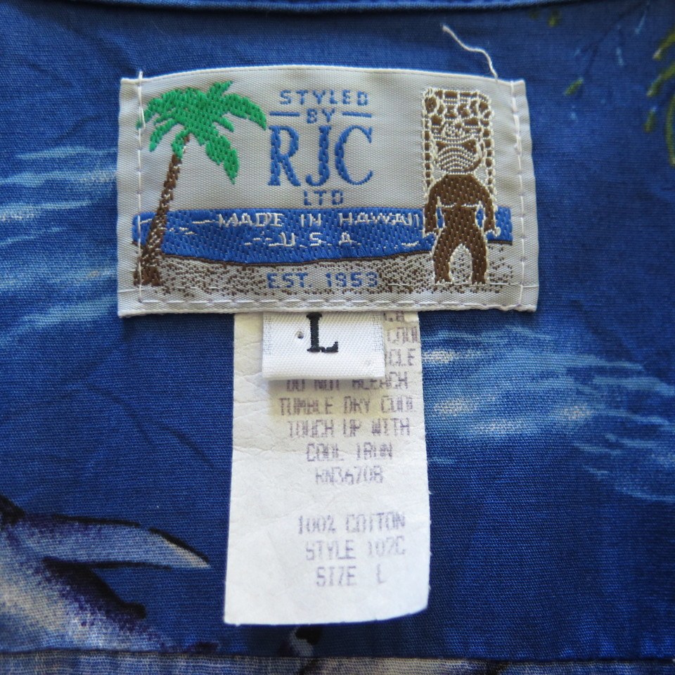 Vintage 80s RJC Hawaiian Shark Shirt Mens L Coconut Buttons Blue USA ...