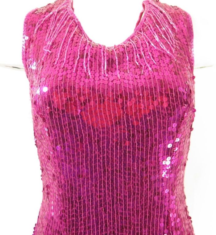 Vintage 70s Pink Sequin Dress Womens Small Silk Retro Beaded Fringe ...