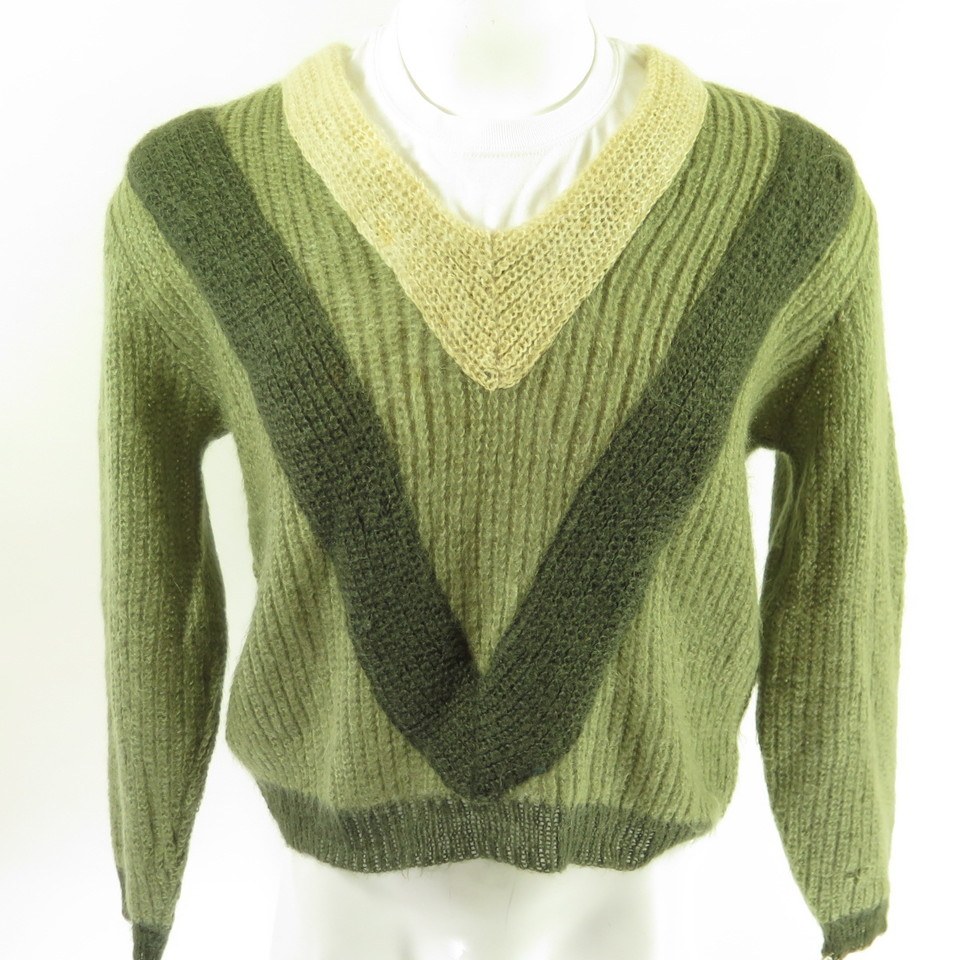 Vintage 50s Rockabilly V pattern Wool Sweater Mens L Gertz Mohair Green