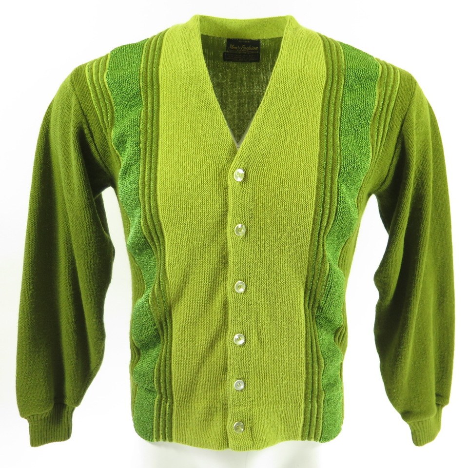 Vintage 50s Rockabilly Vertical Stripe Cardigan Sweater Mens L Green Sears