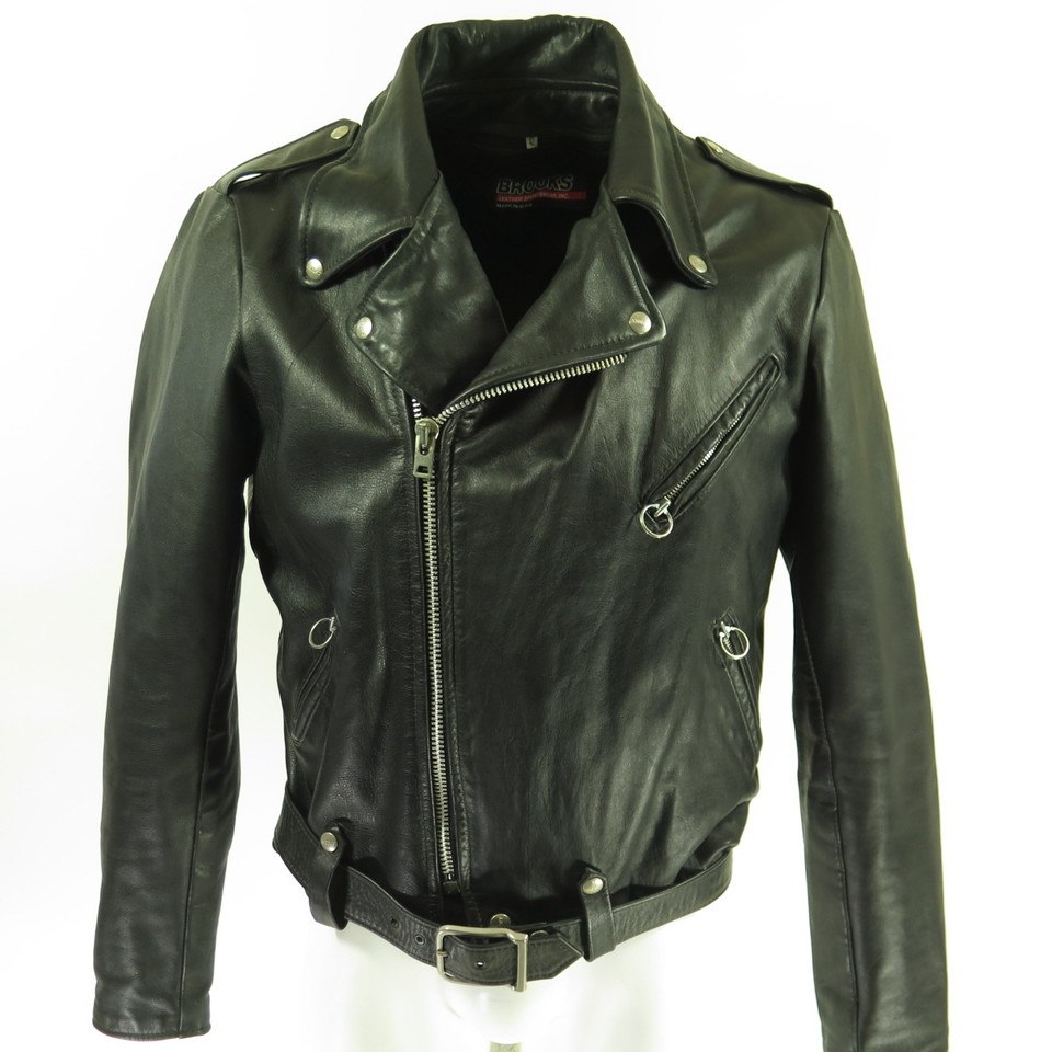 Vintage 80s Brooks Motorcycle Biker Leather Jacket Mens 42 W Belt ...