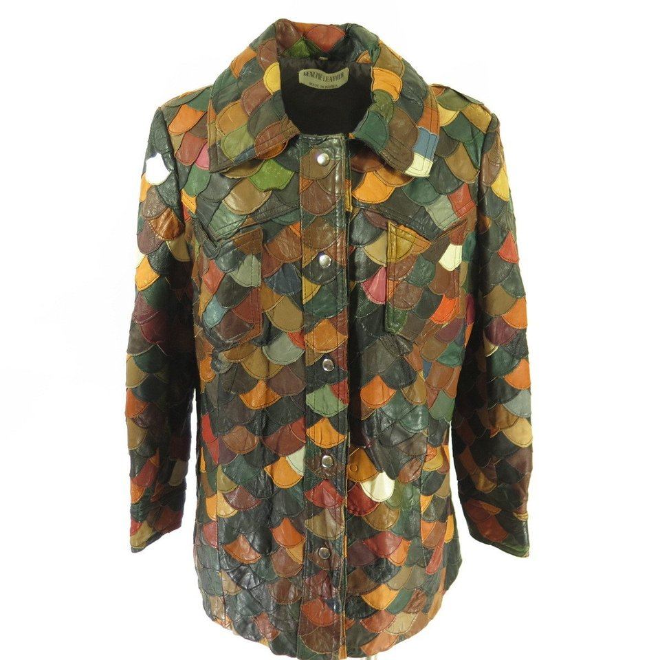 Vintage 60s Fish Scale Leather Jacket Womens 14 Patchwork Hippie