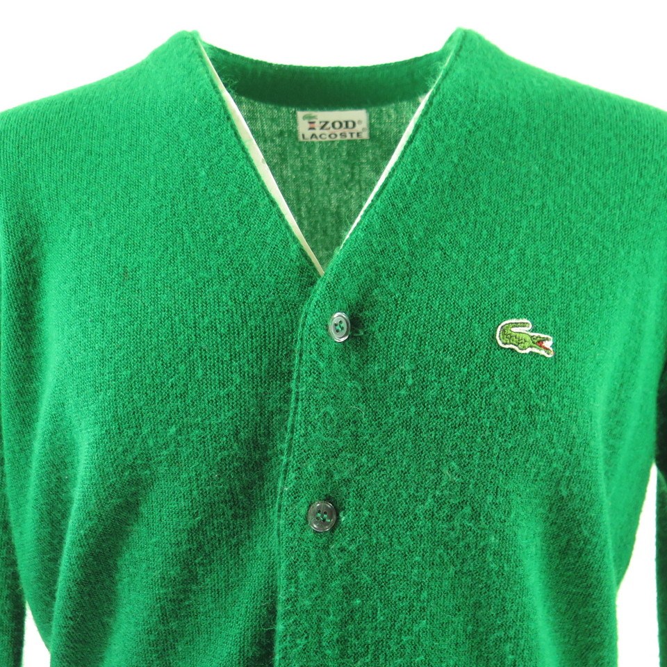 70s Izod Lacoste Green Cardigan Sweater Mens L Alligator Patch | The Clothing Vault