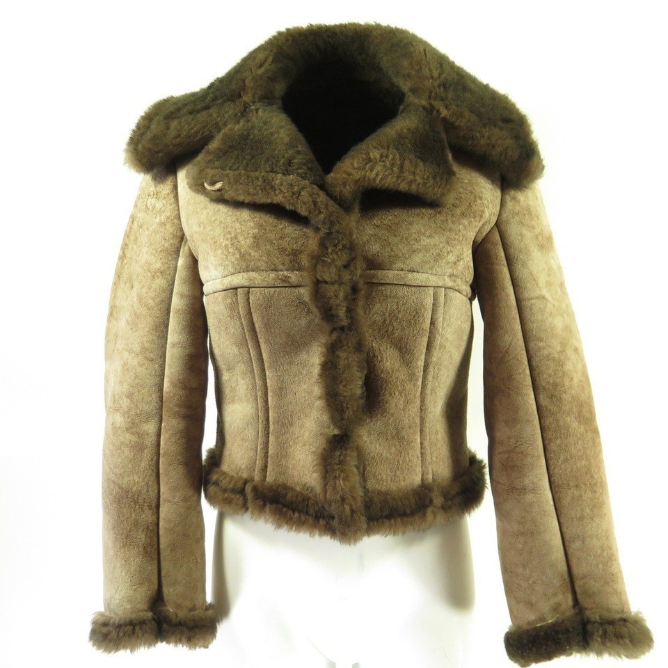 Vintage Shearling Jacket Womens S Deadstock Sheepskin Leather Brown