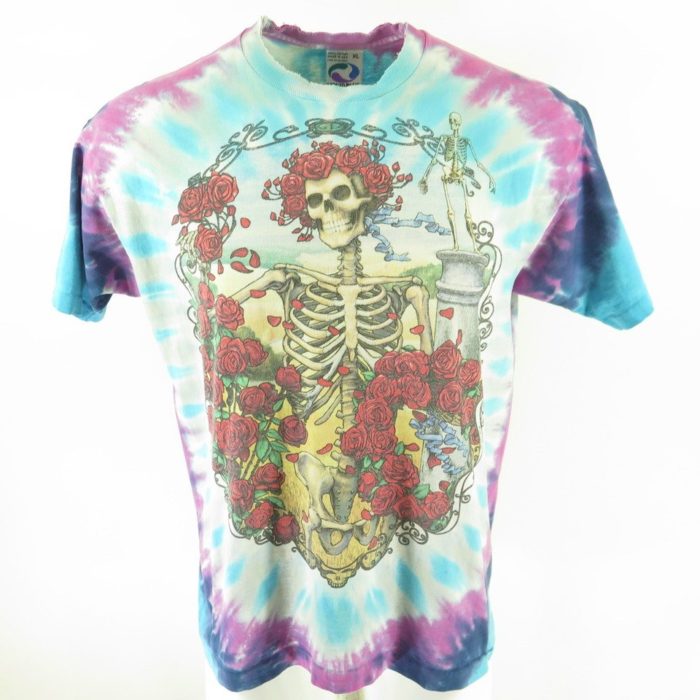 Vintage 90s Tie Dye Grateful Dead Band T-Shirt Mens XL Rose Skull