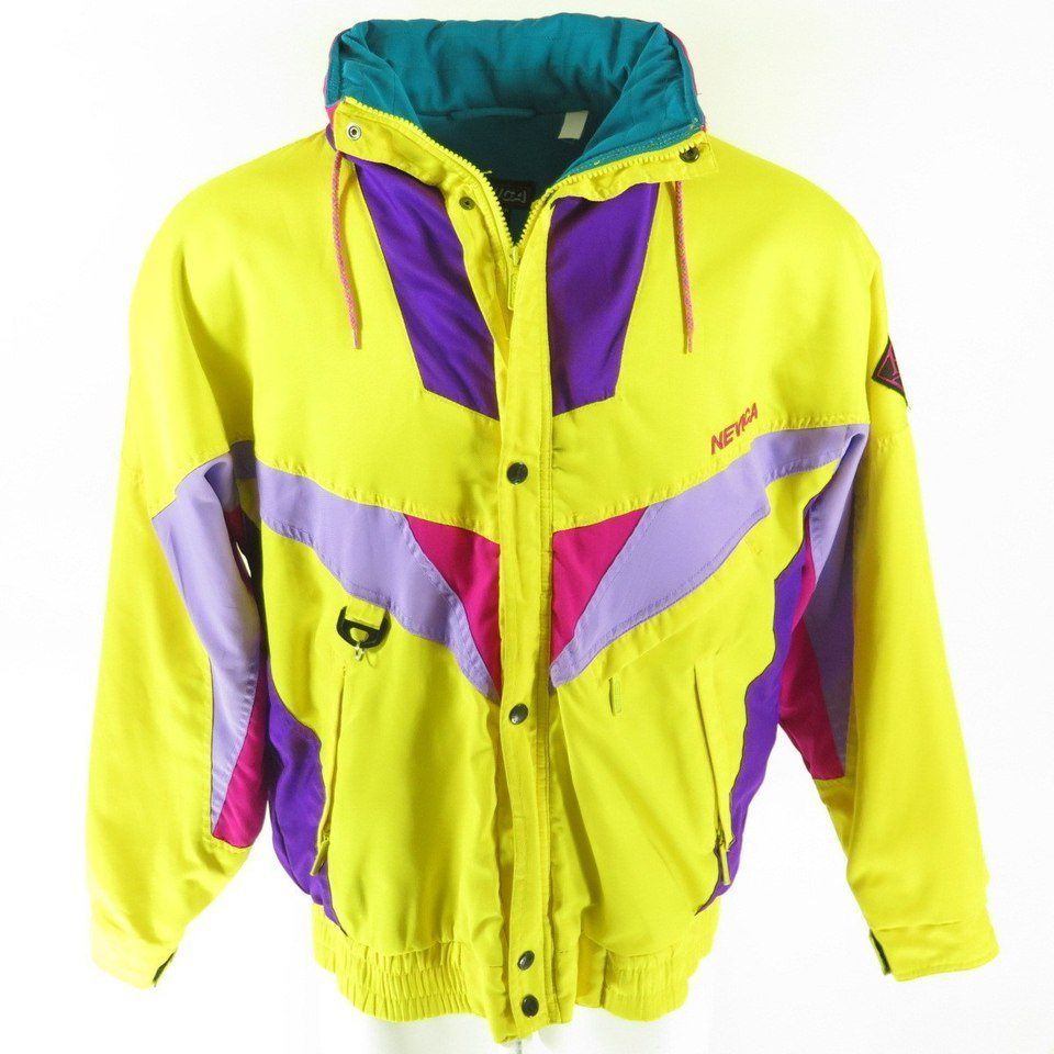 Vintage 80s Nevica Ski Jacket Mens 40 Puffy Hooded Patches Yellow Snowboard