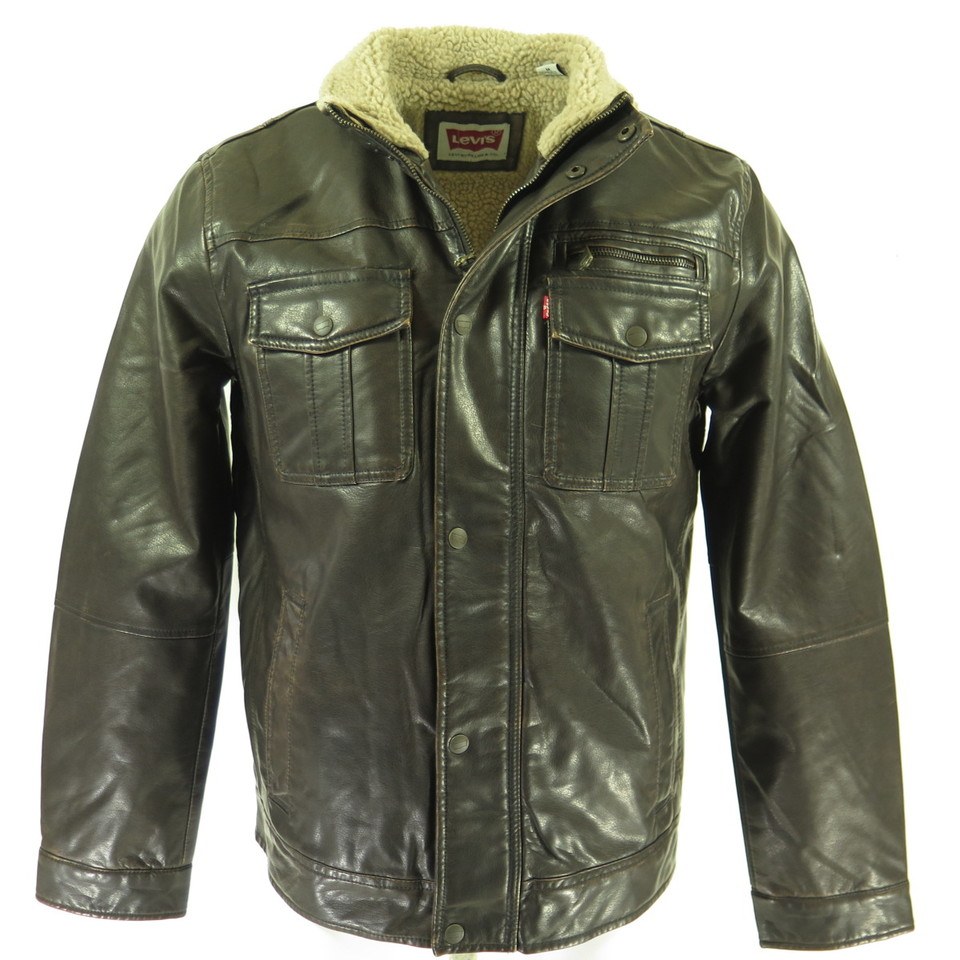 Levis Leather Look Jacket Mens M Brown Sherpa lining Trucker Style ...