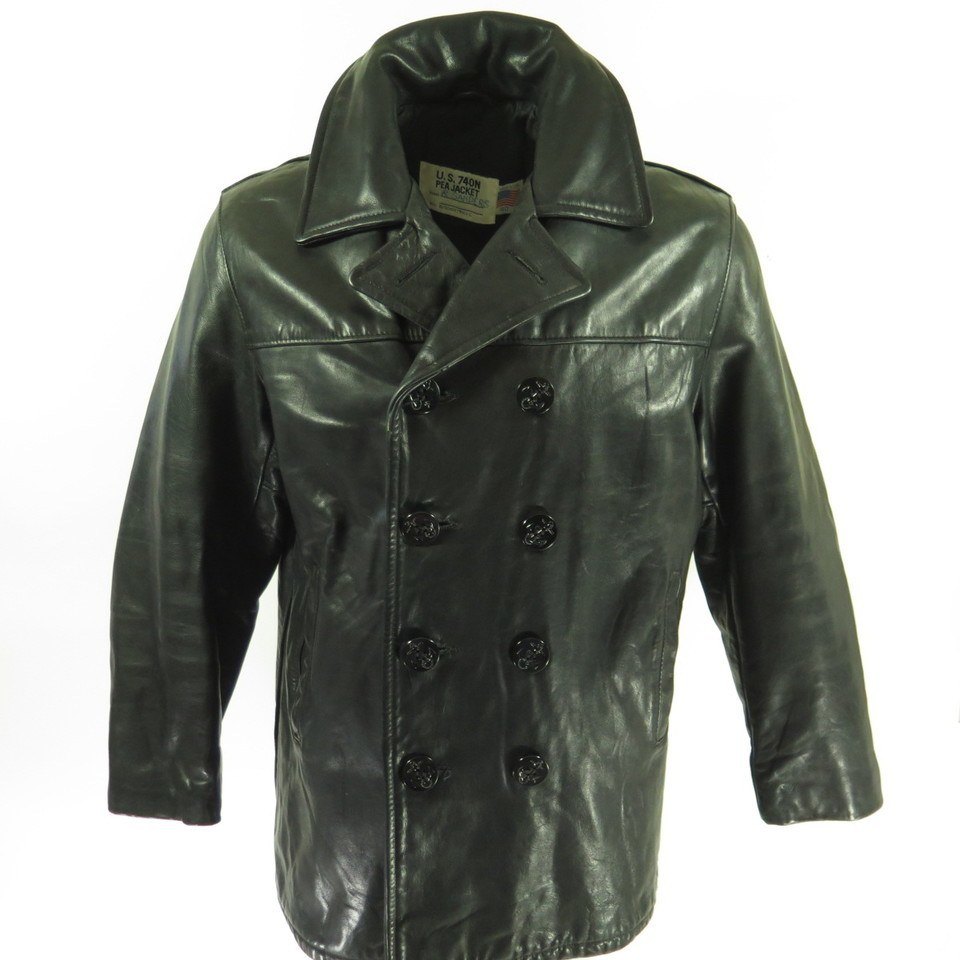 Vintage 80s Schott Leather Jacket Mens 40 Pea Coat 740N Black 