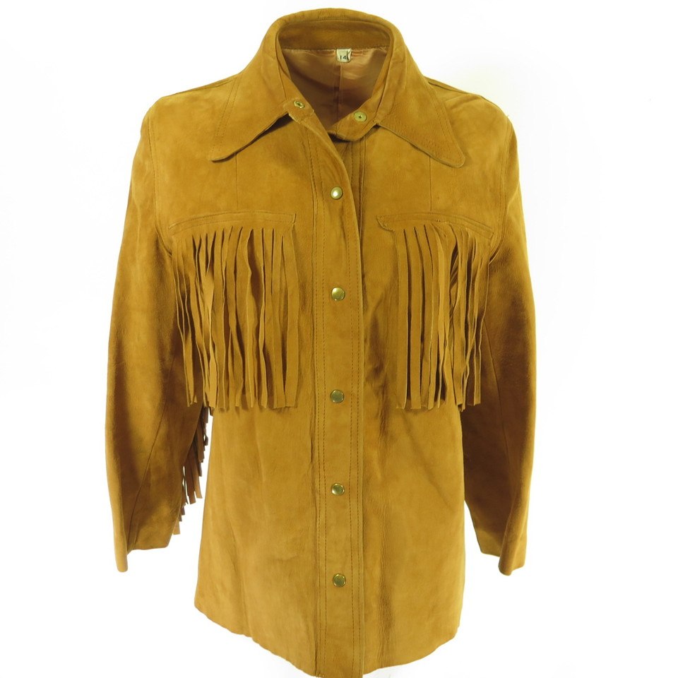 Vintage 70s Suede Long Fringe Shirt Jacket Womens 14 Nubuck Snap