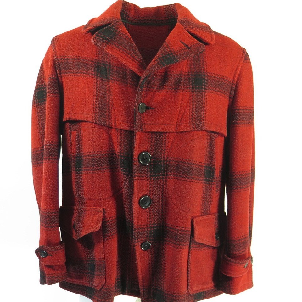 Vintage 30s Wool Hunting Jacket Coat 46 D Pockets Red Black Plaid Depression | The Clothing Vault