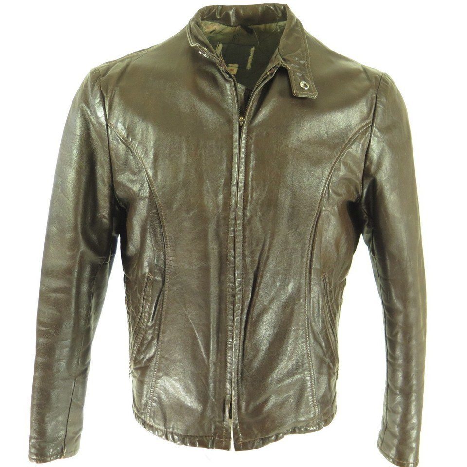 Vintage 60s Cafe Racer Motorcycle Leather Jacket Mens 40 Biker Brown ...