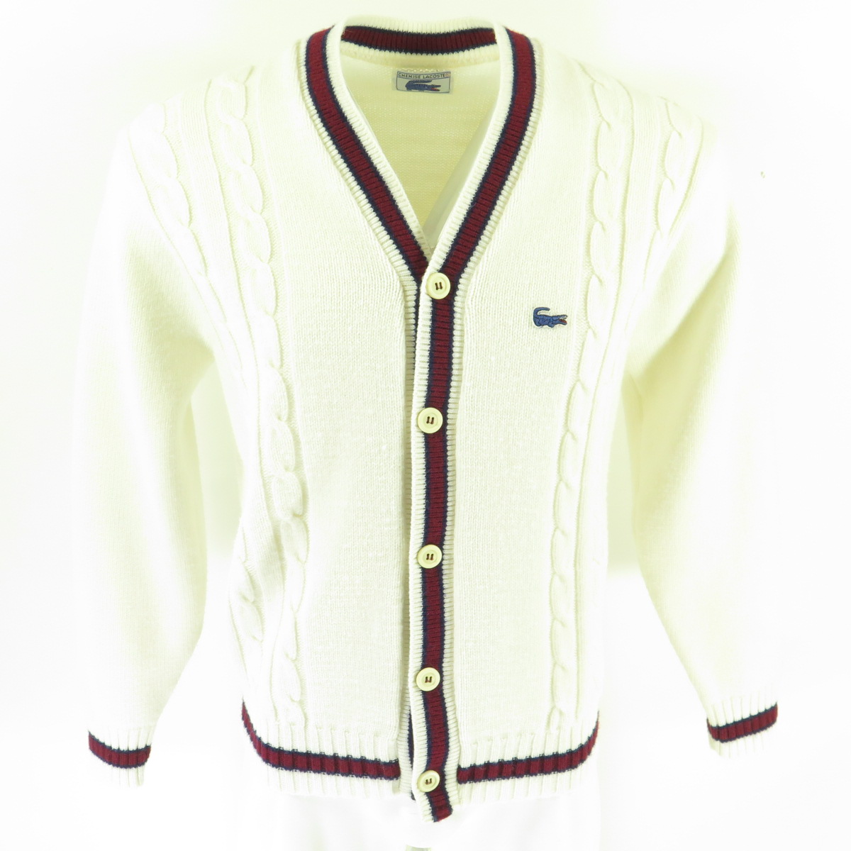 modstand øjeblikkelig venstre Vintage 80s Lacoste Cardigan Sweater Mens L Blue Alligator Cable Knit | The  Clothing Vault