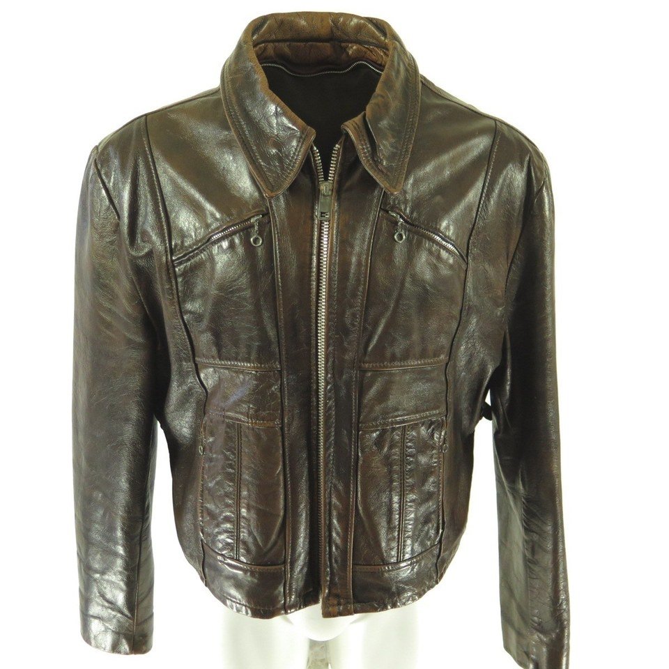 Vintage 60s Motorcycle Jacket Mens XXL Brown Leather Biker Angled