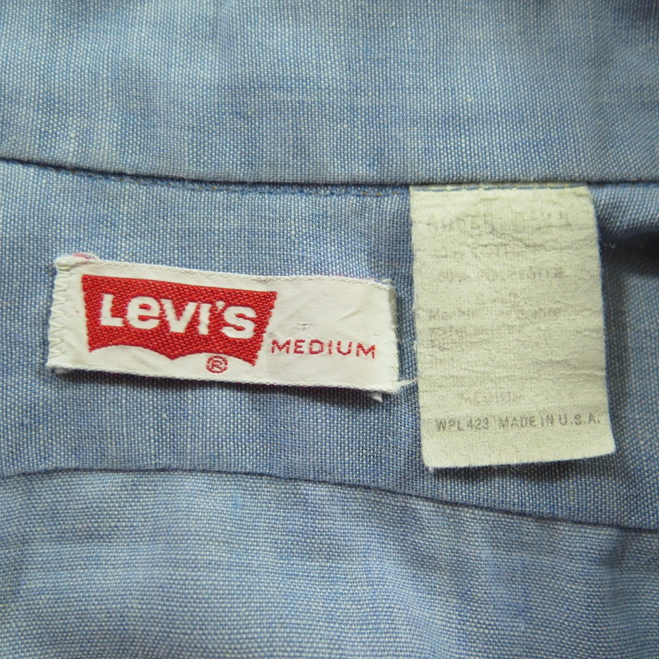 Vintage 70s Levis Chambray Shirt Medium Short USA 50/50 Orange Tab