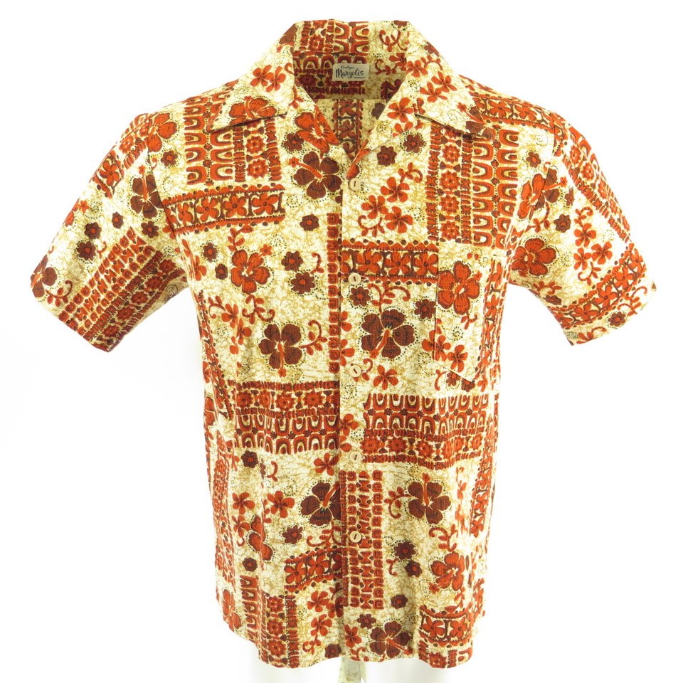 Vintage 50s Hawaiian Shirt Evelyn Margolis Mens M Floral Red Wooden Buttons  Rust