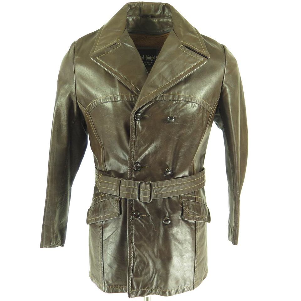 Vintage 70s Leather Spy Jacket Wide collar Double Breasted Brown 38 / ...
