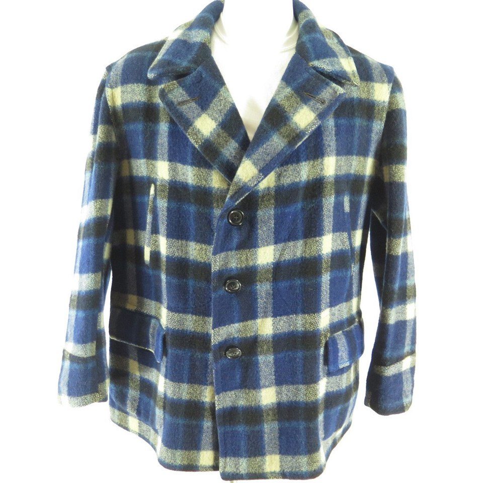 Vintage 40s Hercules D Pocket Plaid Coat Blue Mackinaw Wool Jacket 48 Sears