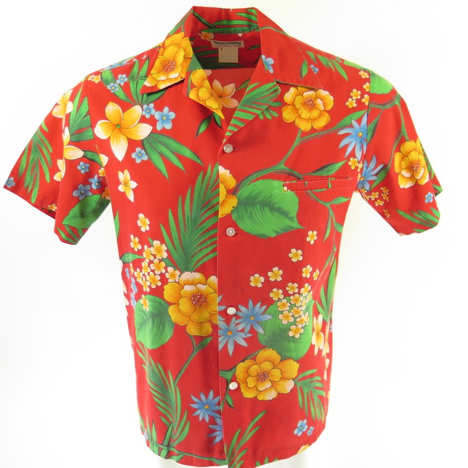 Vintage 50s Waikiki Wear Hawaiian Shirt Mens Medium Red Tropical Aloha ...