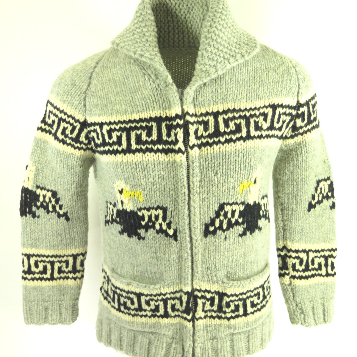 Vintage 80s Eagle Cowichan Sweater Small Hand Knit Shawl collar Wool