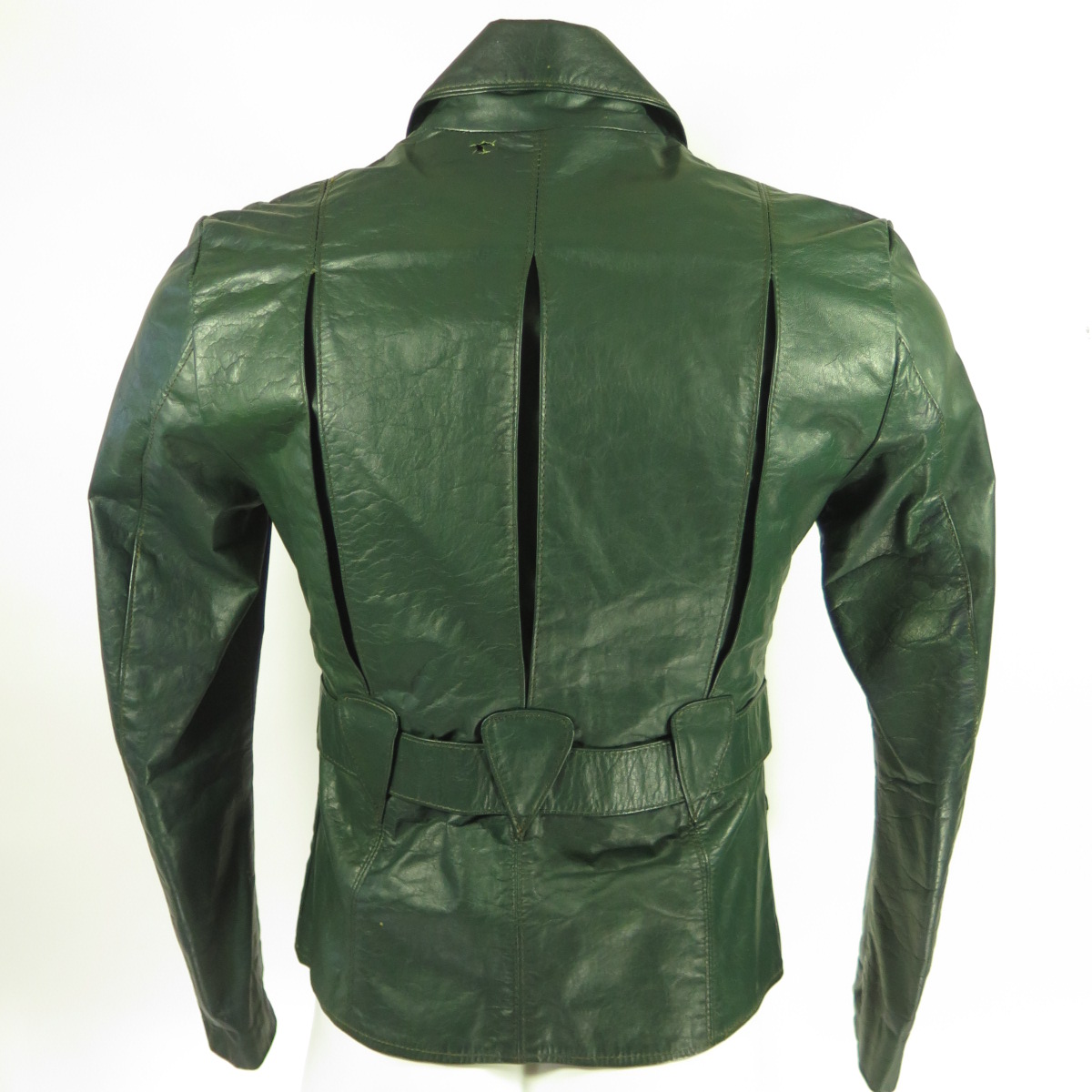 Vintage 60s Green Hippie Leather Jacket Mens M Tight Fit Belted Back