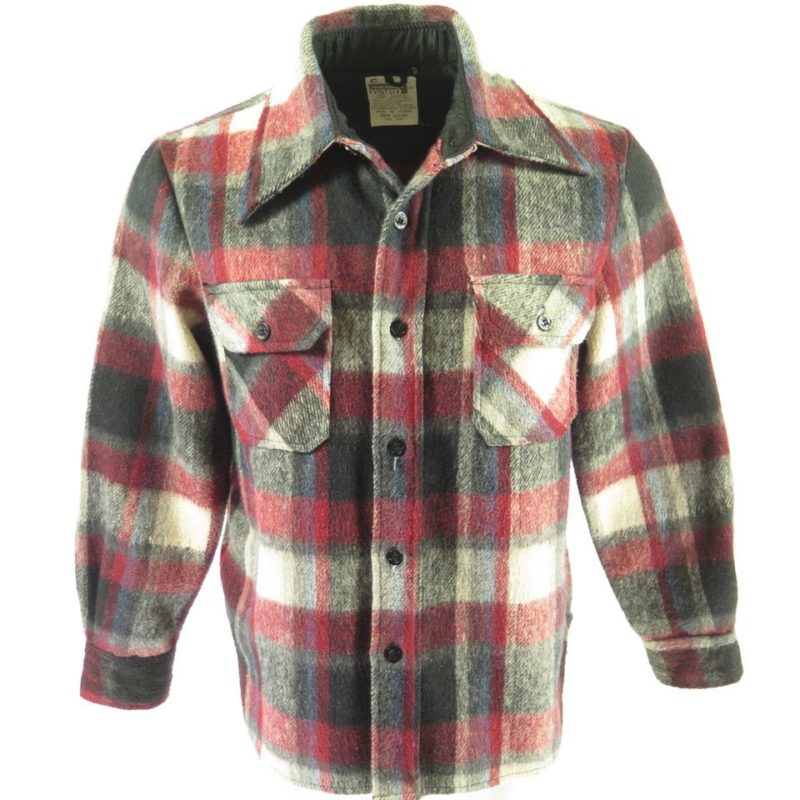 Vintage 70s Flannel CPO Shirt Medium Plaid Wide Collar Montgomery Ward ...