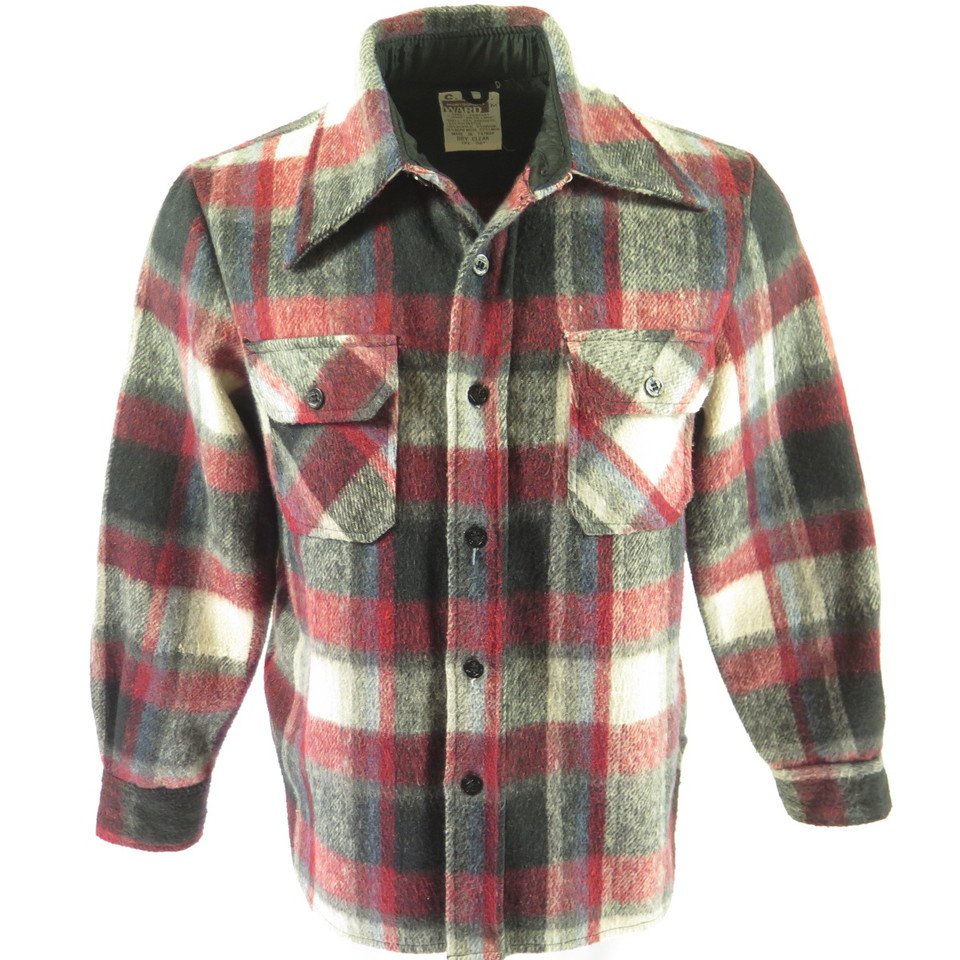 Vintage 70s Flannel CPO Shirt Medium Plaid Wide Collar Montgomery Ward  Deadstock