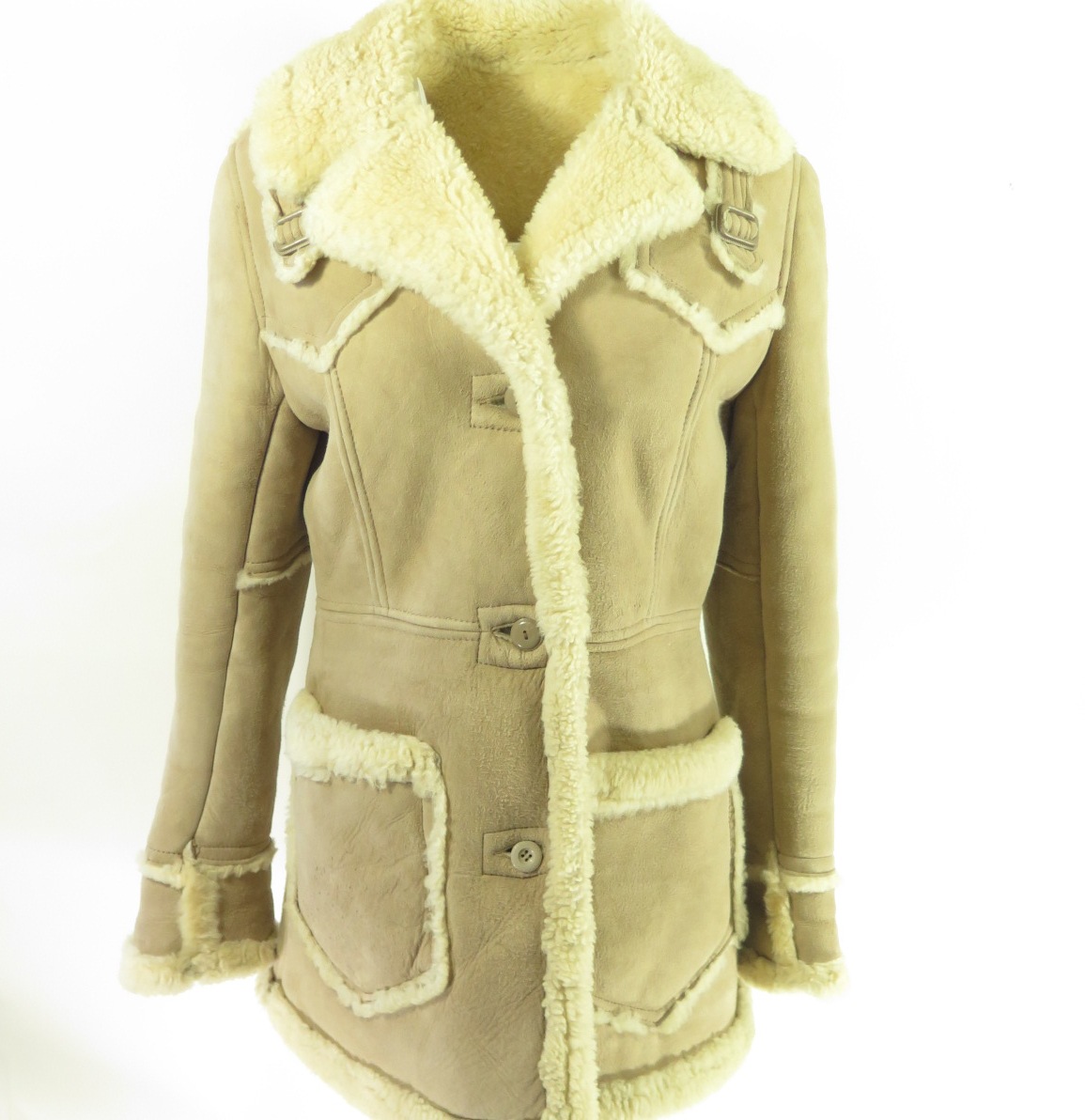 Vintage 70s Sheepskin Shearling Coat Womens Medium Trench Coat Buckles