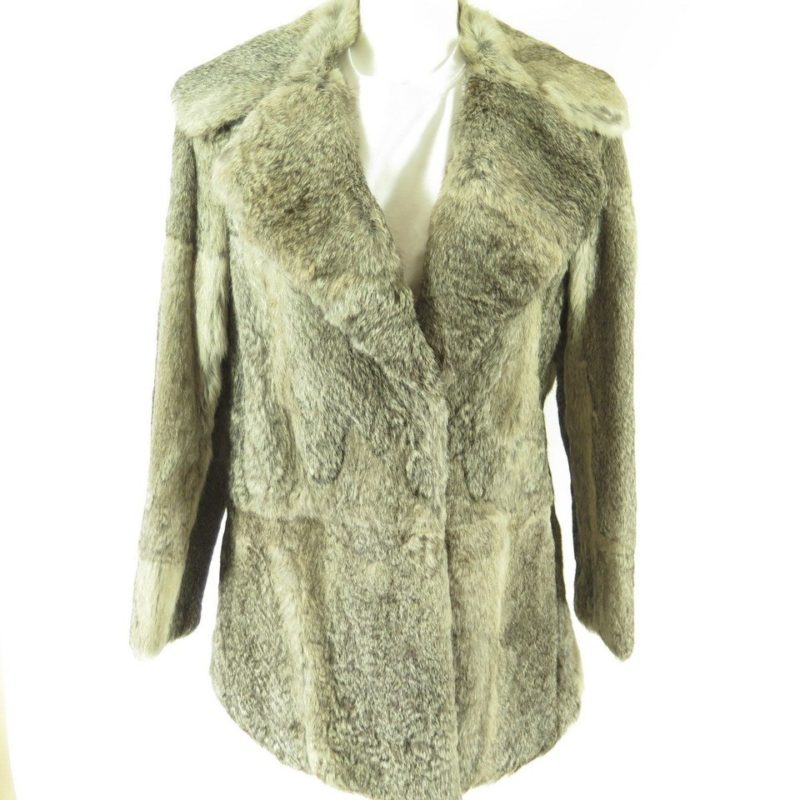 Vintage 70s Rabbit Fur Coat Jacket Womens Medium Gray Wide Collar Super ...