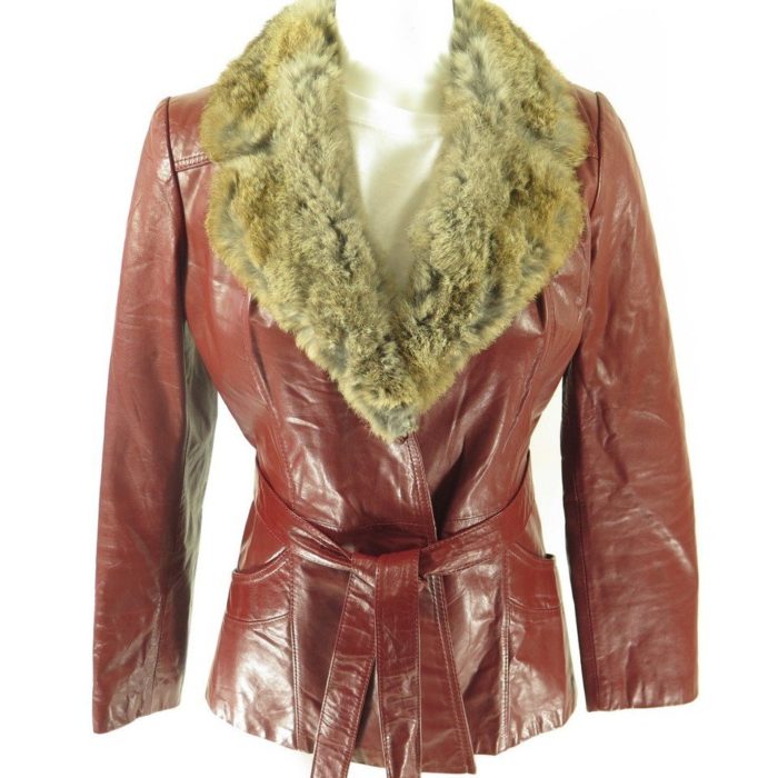 Red-leather-80s-rabbit-fur-womens-belted-jacket-H39O-1