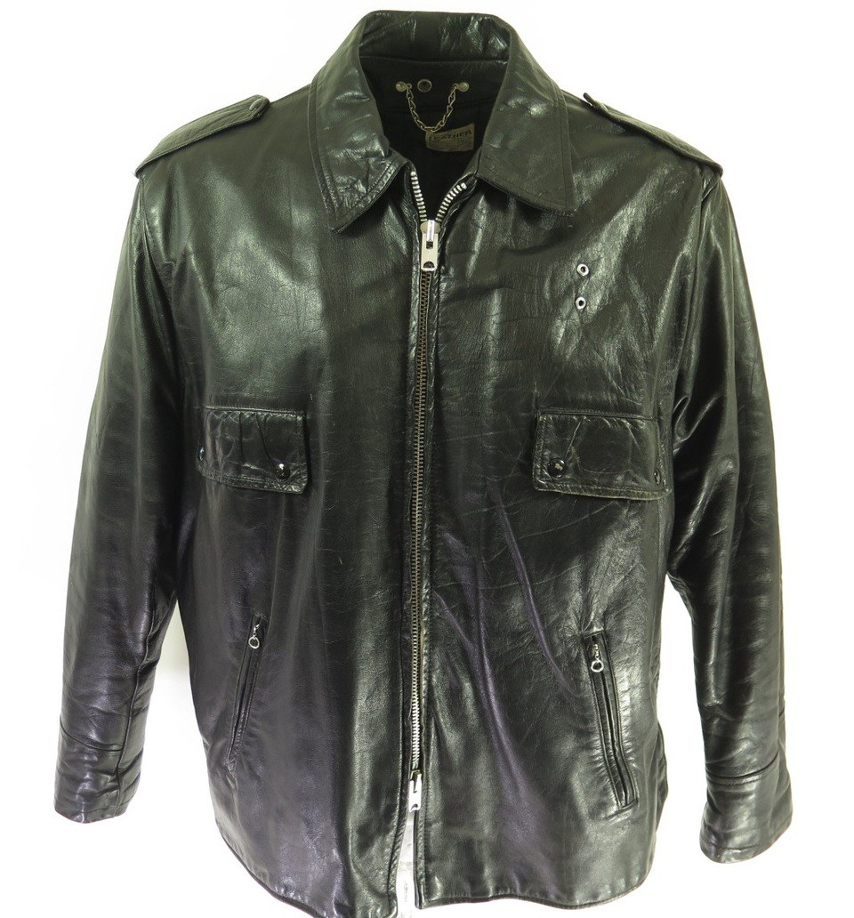 Vintage 60s Black Leather Police Jacket 50 R or XXL Motorcycle Biker ...